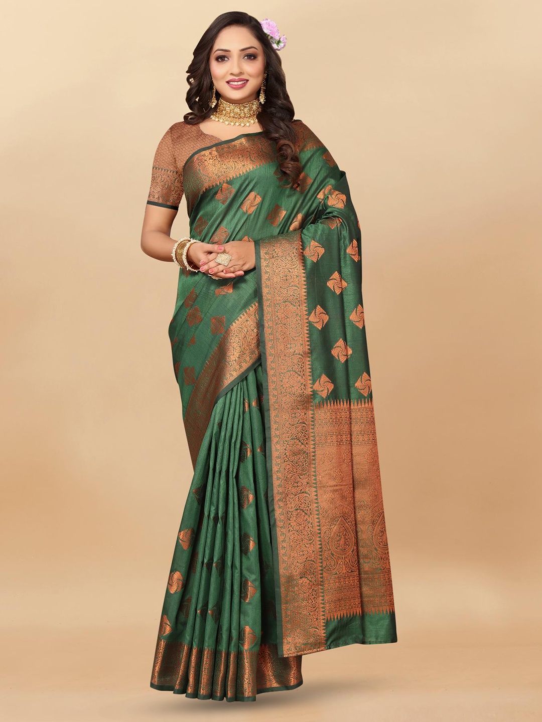 

PATIALAPICKS Ethnic Motifs Woven Design Zari Pure Silk Paithani Saree, Green