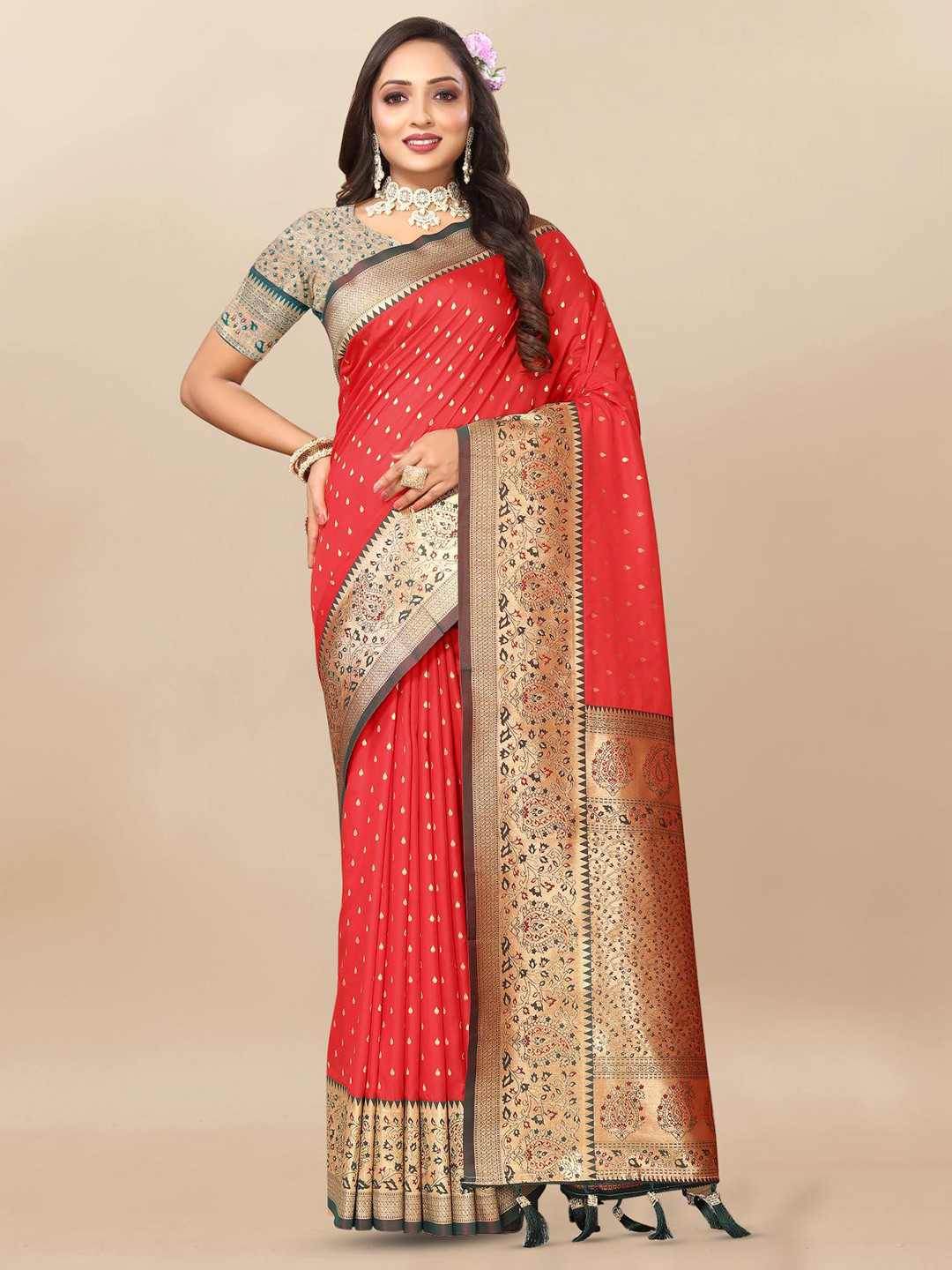 

PATIALAPICKS Woven Design Zari Pure Silk Paithani Saree, Red