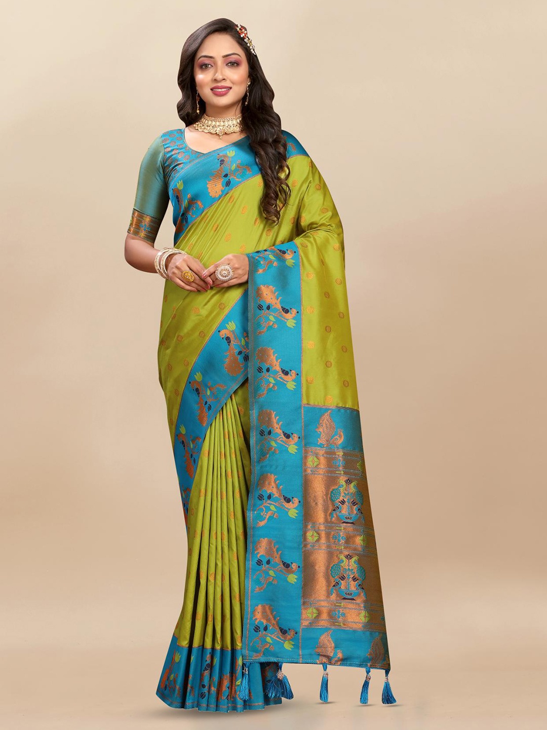 

PATIALAPICKS Ethnic Motifs Woven Design Zari Pure Silk Paithani Saree, Yellow