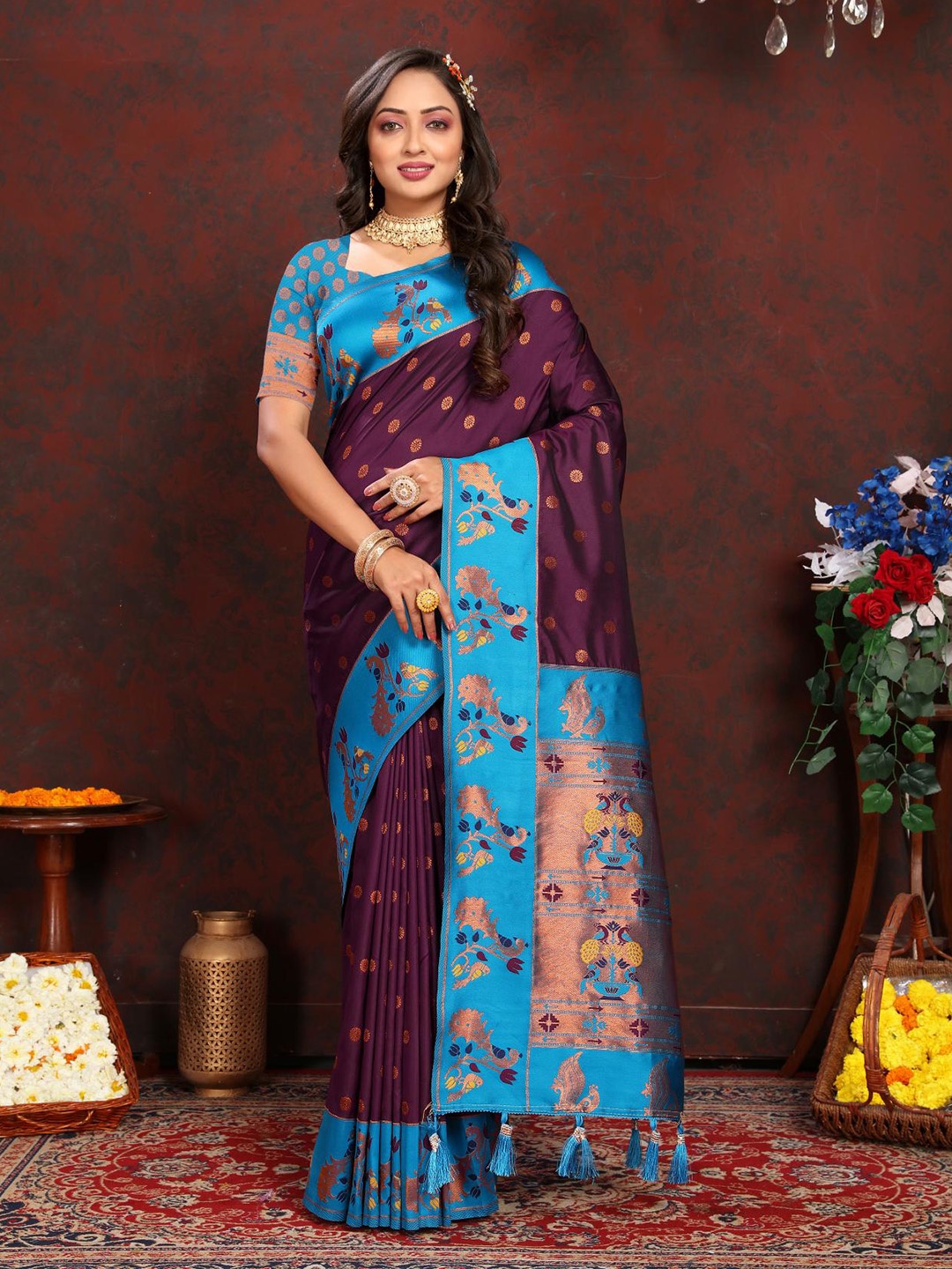 

PATIALAPICKS Ethnic Motifs Woven Design Zari Pure Silk Paithani Saree, Purple