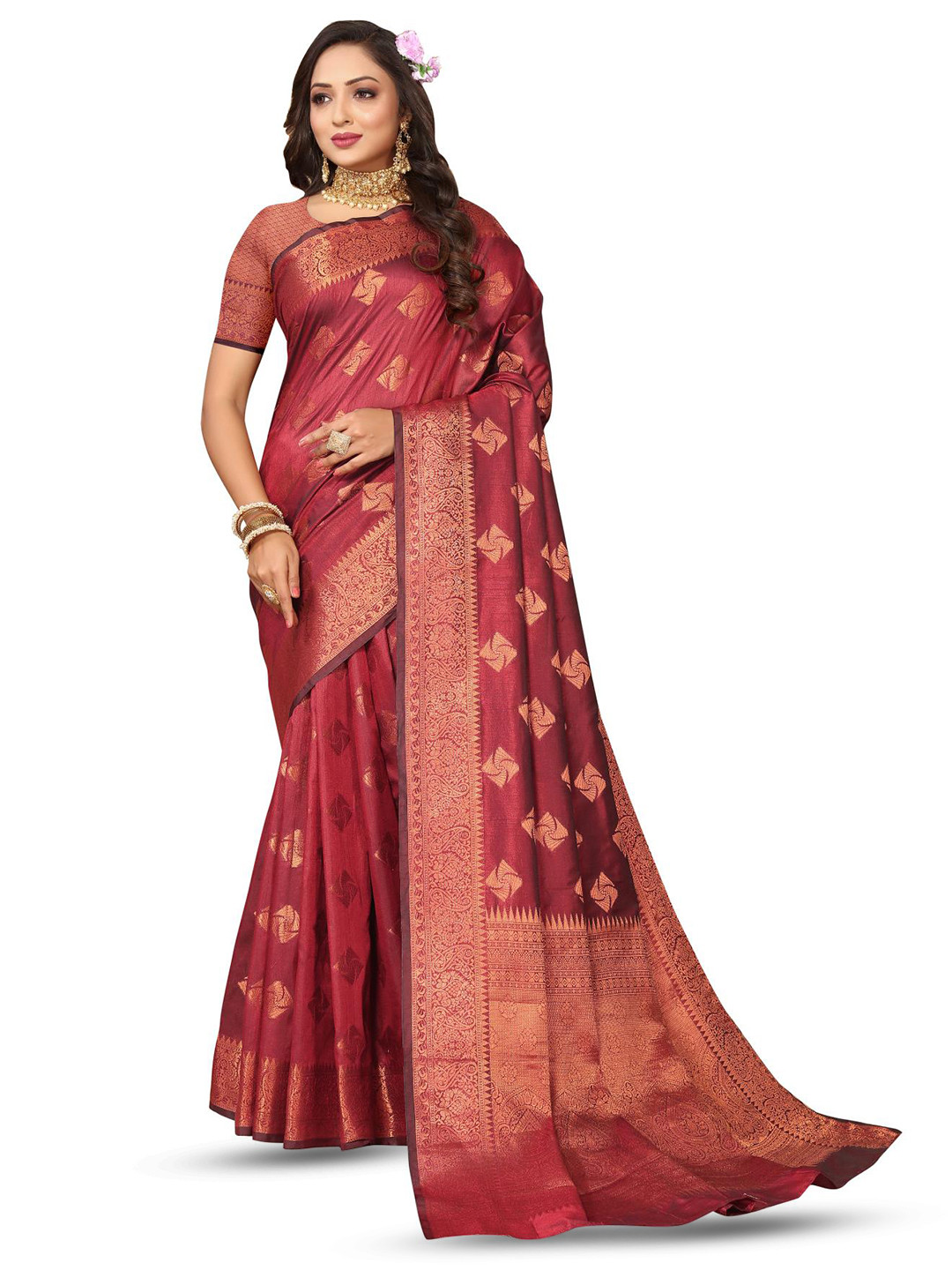 

PATIALAPICKS Ethnic Motifs Woven Design Zari Pure Silk Paithani Saree, Maroon