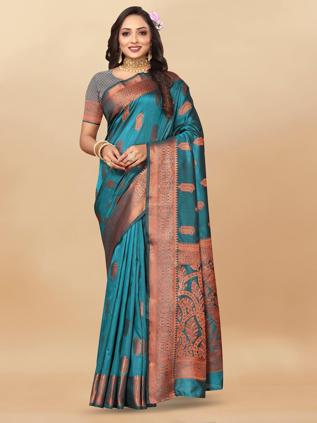 

PATIALAPICKS Ethnic Motifs Woven Design Zari Pure Silk Paithani Saree, Green