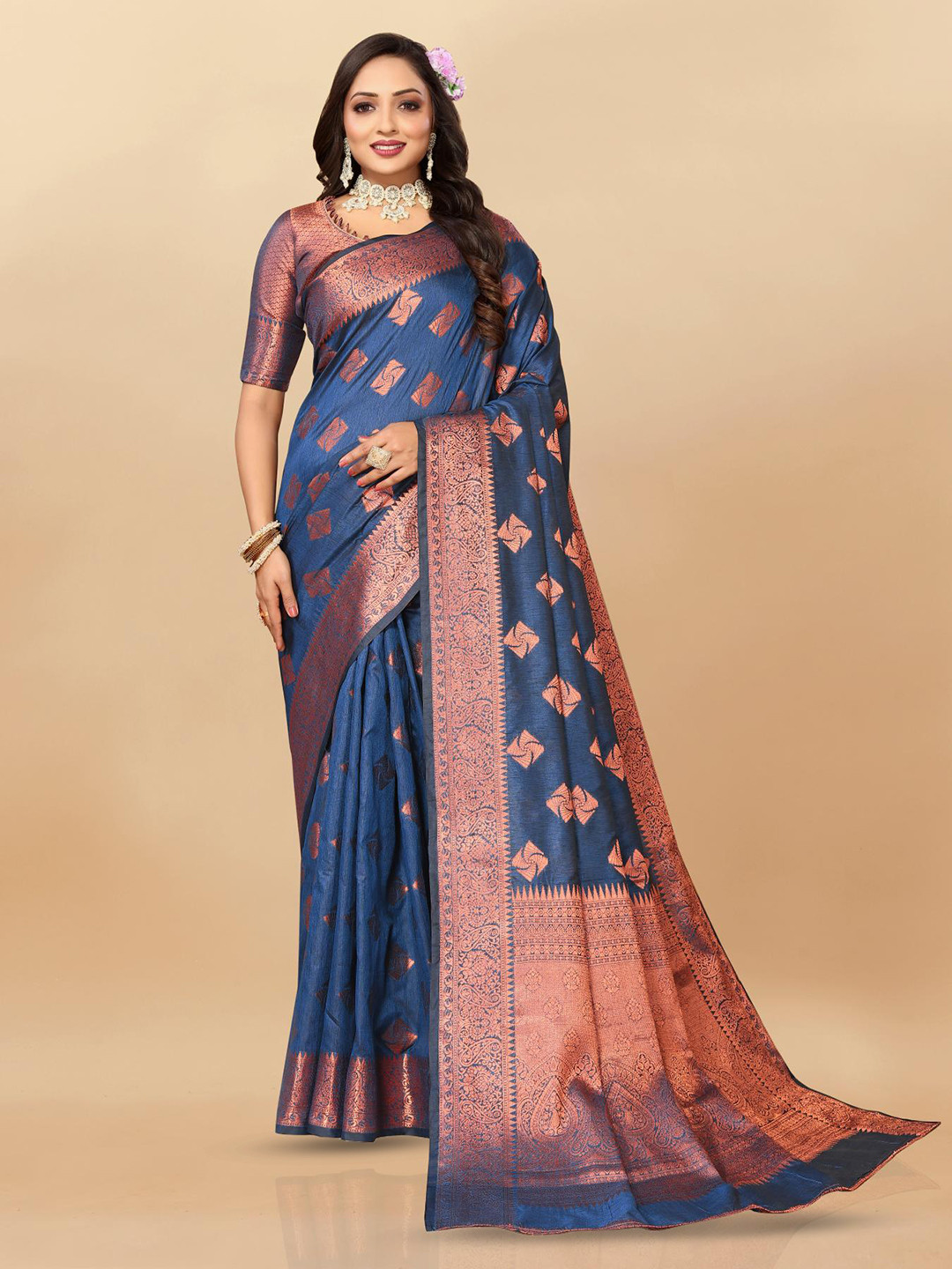 

PATIALAPICKS Woven Design Zari Pure Silk Paithani Saree, Navy blue