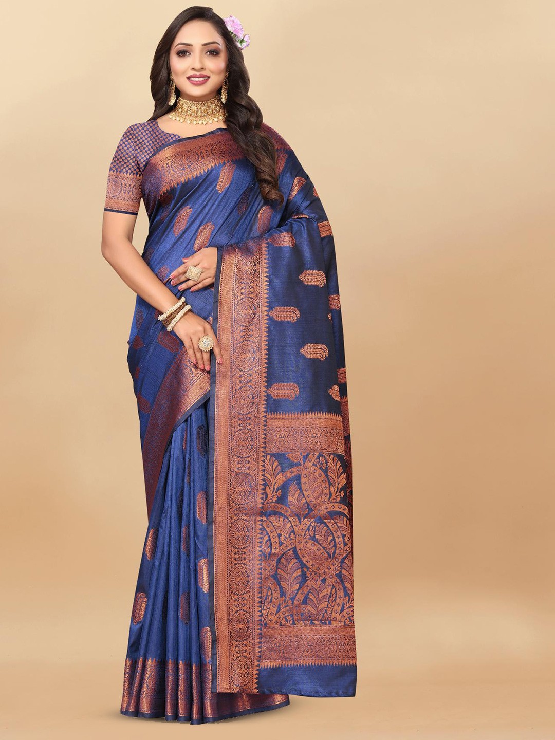 

PATIALAPICKS Ethnic Motifs Woven Design Zari Pure Silk Paithani Saree, Navy blue