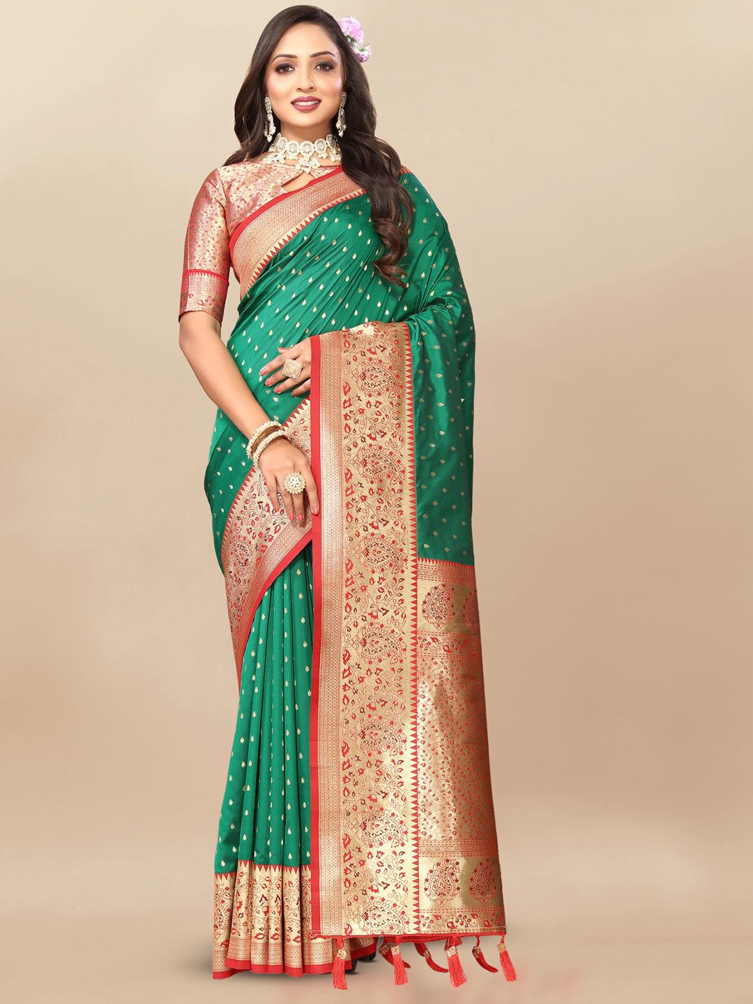 

PATIALAPICKS Woven Design Zari Pure Silk Paithani Saree, Sea green