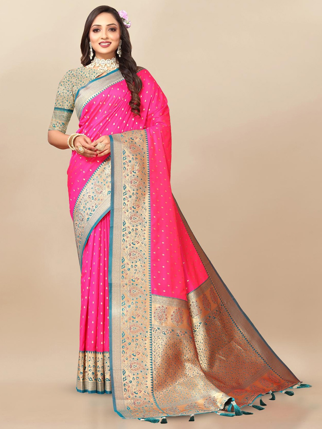 

PATIALAPICKS Woven Design Zari Pure Silk Paithani Saree, Pink