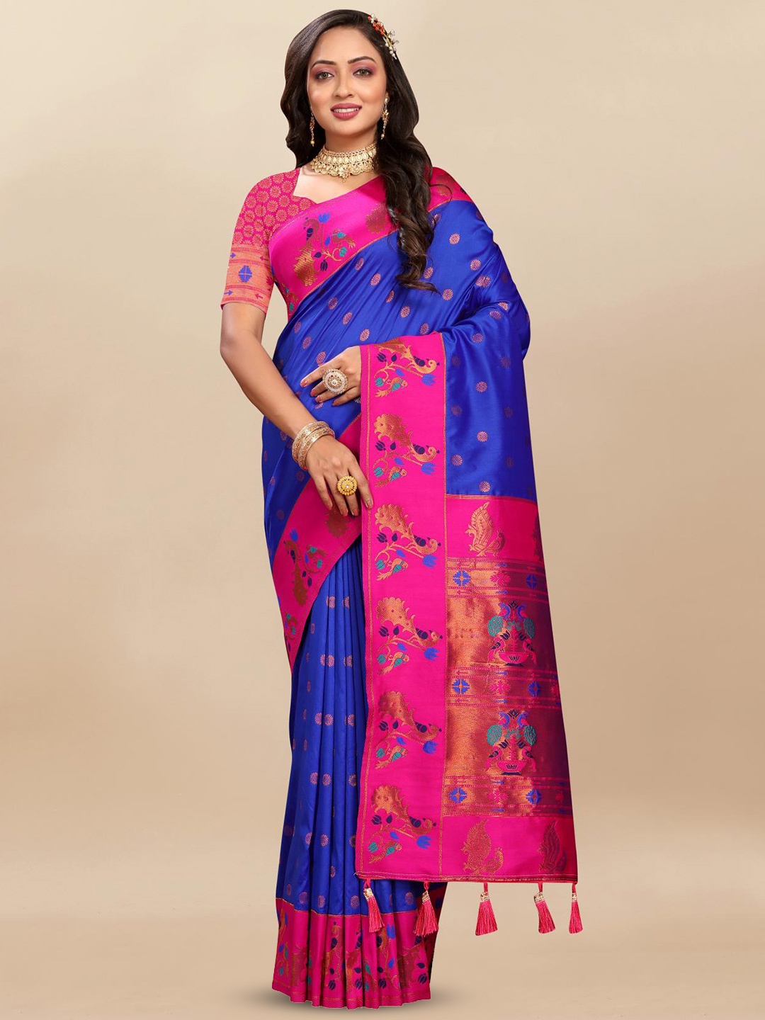 

PATIALAPICKS Woven Design Zari Pure Silk Paithani Saree, Blue