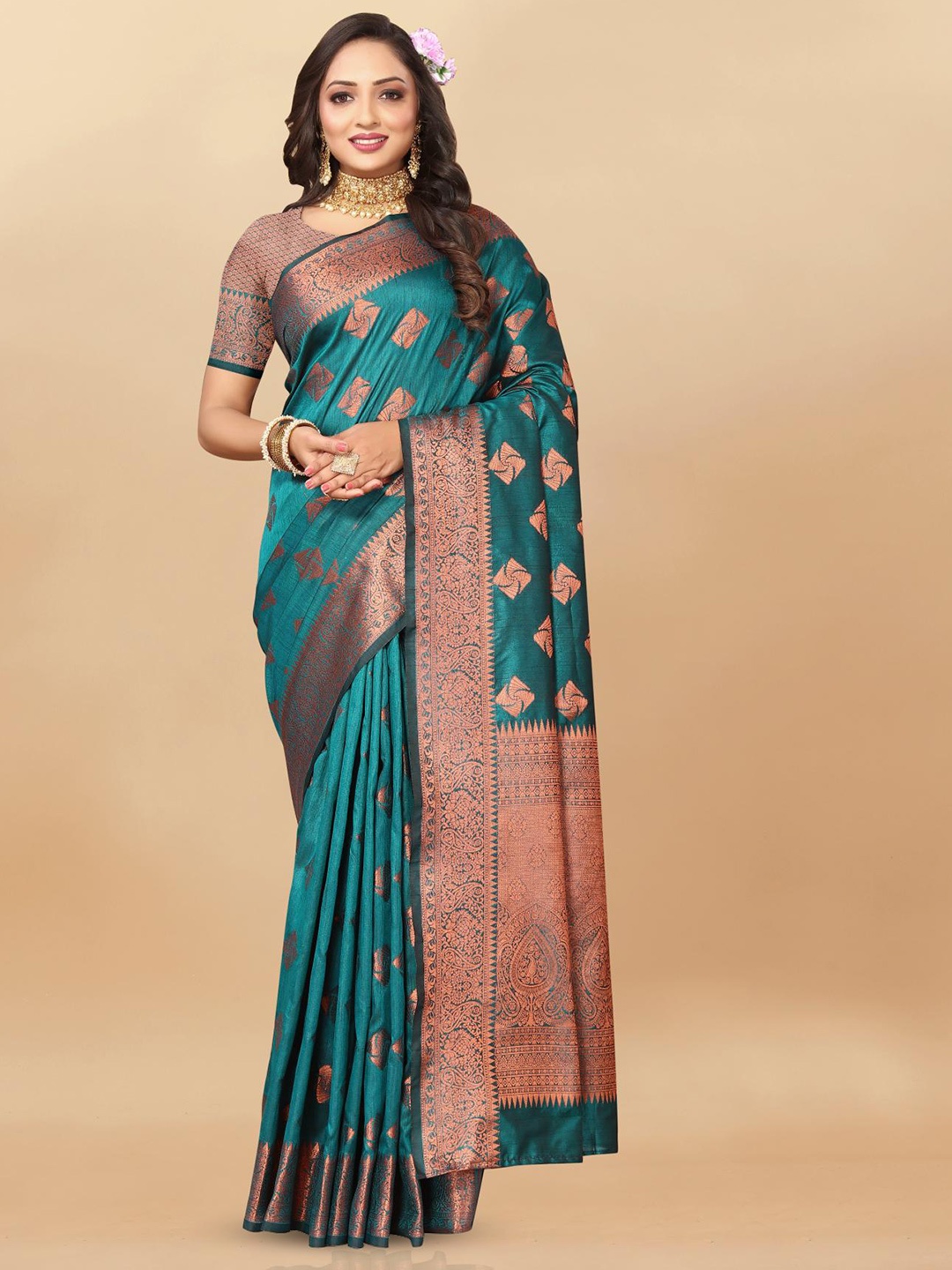 

PATIALAPICKS Woven Design Zari Pure Silk Paithani Saree, Green