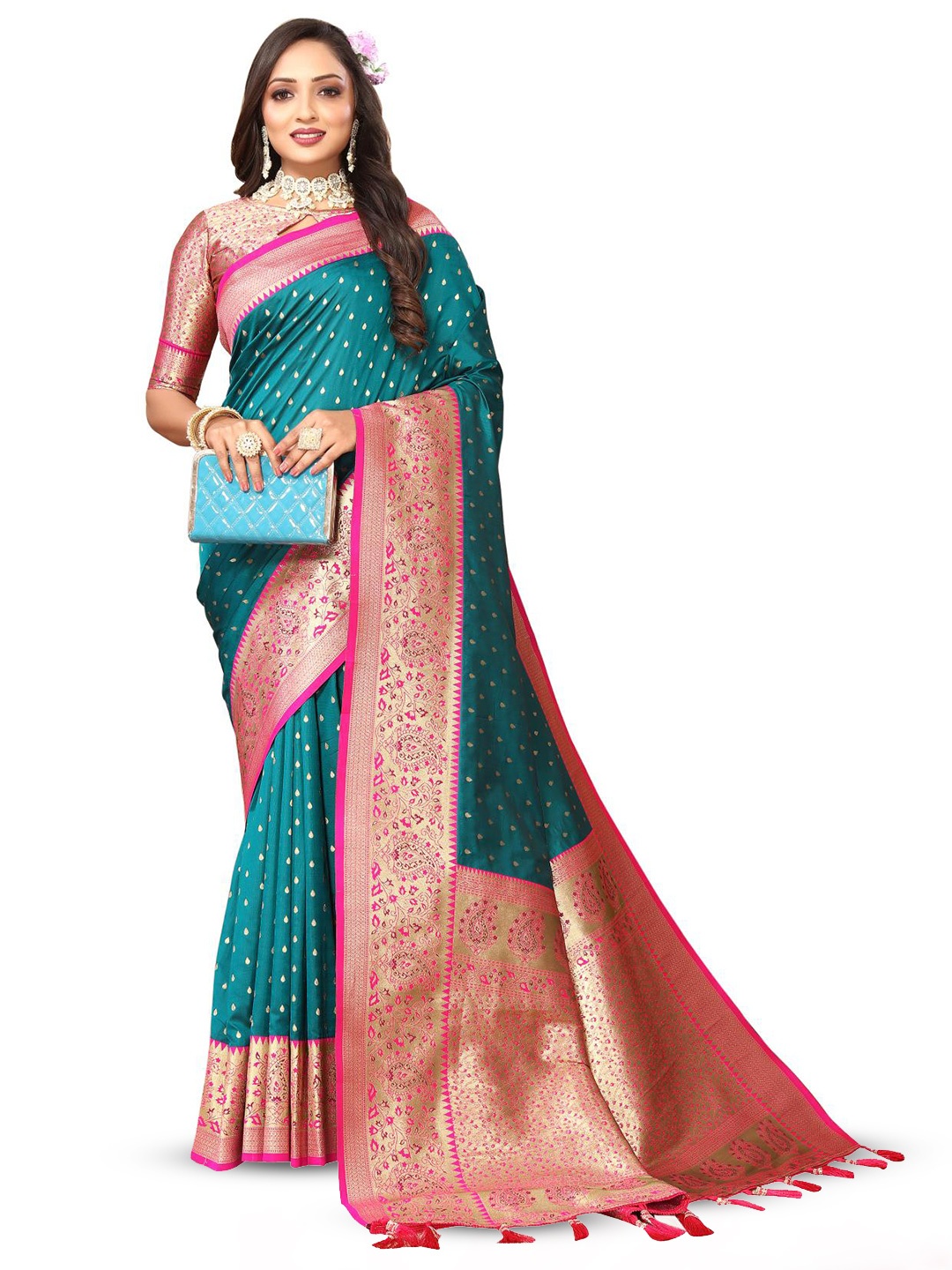 

PATIALAPICKS Woven Design Zari Pure Silk Paithani Saree, Teal