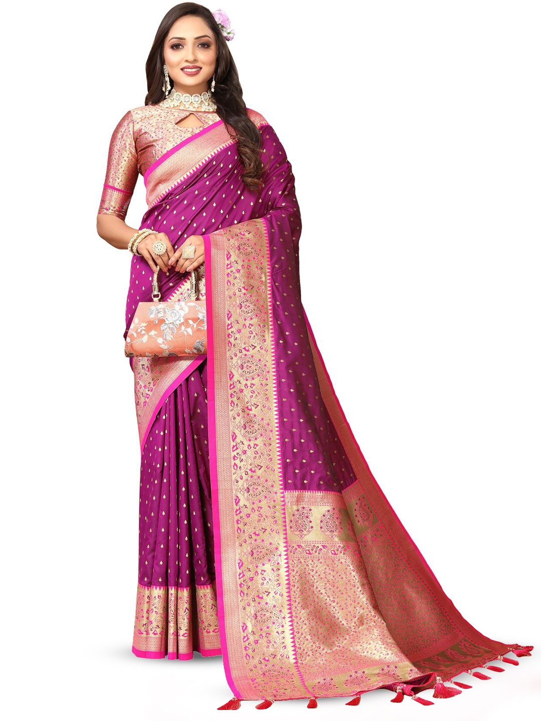 

PATIALAPICKS Ethnic Motifs Zari Pure Silk Paithani Saree, Magenta