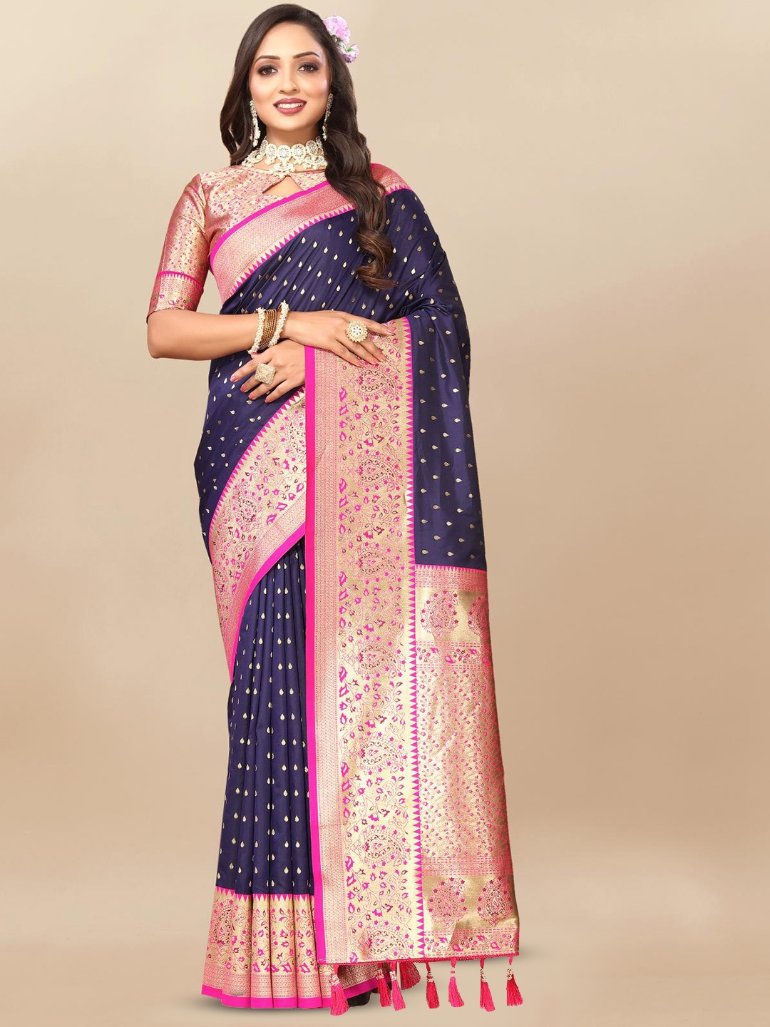 

PATIALAPICKS Woven Design Zari Pure Silk Paithani Saree, Navy blue