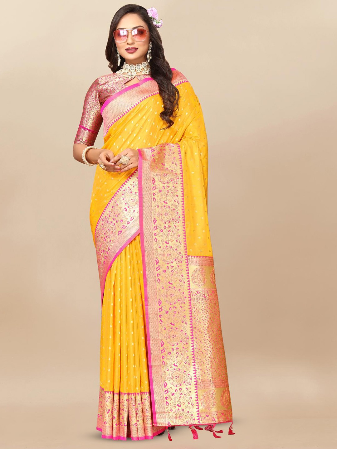 

PATIALAPICKS Woven Design Zari Pure Silk Paithani Saree, Yellow