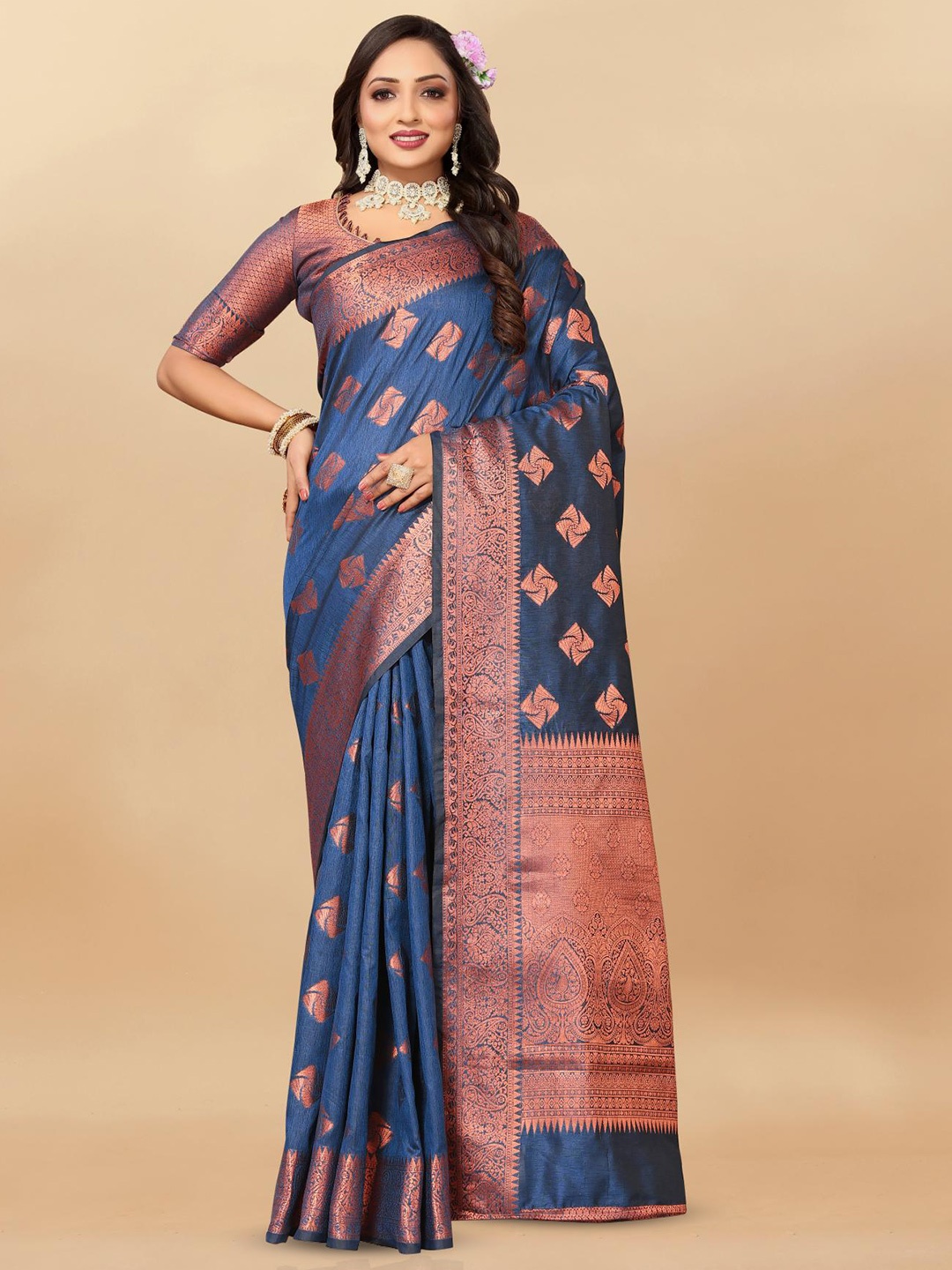 

PATIALAPICKS Ethnic Motifs Woven Design Zari Pure Silk Paithani Saree, Navy blue