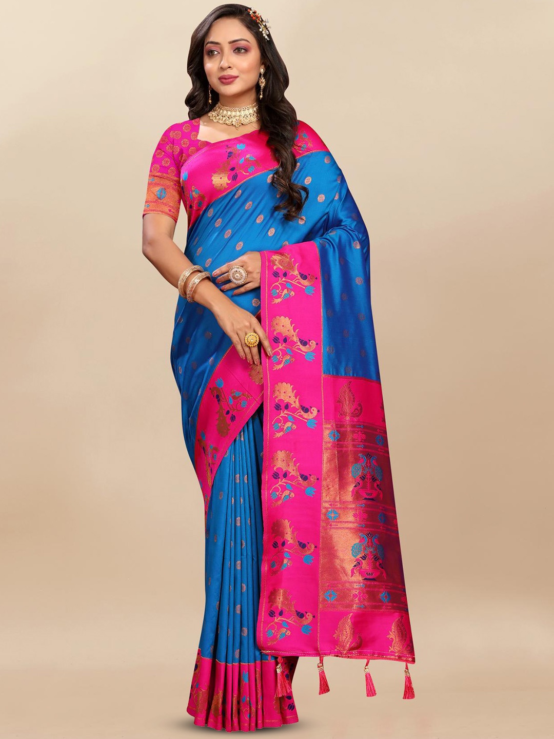 

PATIALAPICKS Woven Design Zari Pure Silk Paithani Saree, Blue