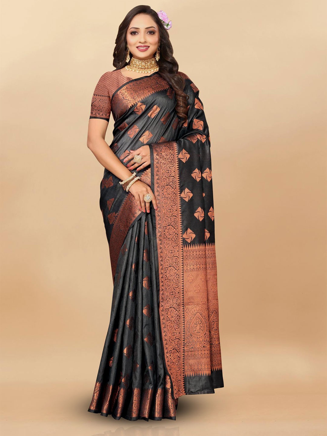 

PATIALAPICKS Zari Pure Silk Paithani Saree, Grey