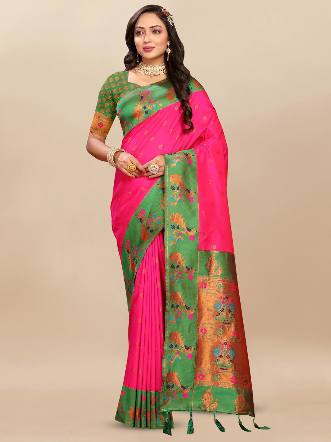 

PATIALAPICKS Ethnic Motifs Zari Pure Silk Paithani Saree, Pink