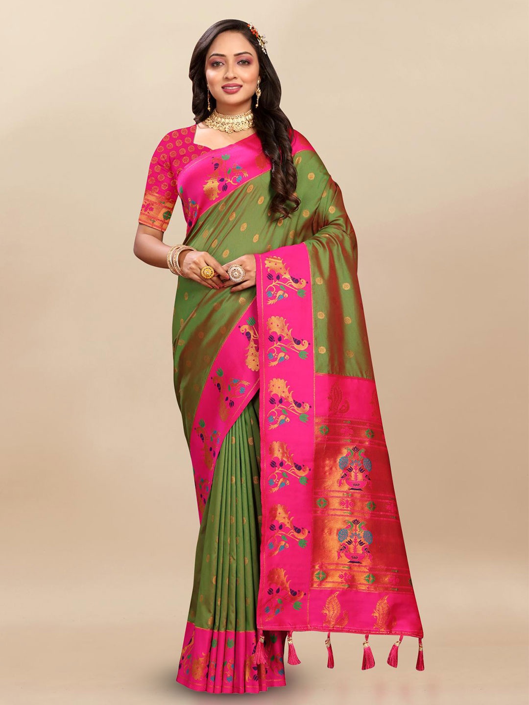 

PATIALAPICKS Ethnic Motifs Zari Pure Silk Paithani Saree, Green