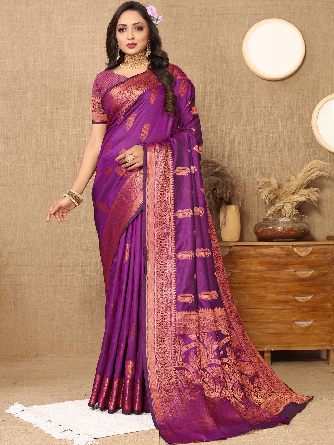 

PATIALAPICKS Woven Design Zari Pure Silk Paithani Saree, Purple