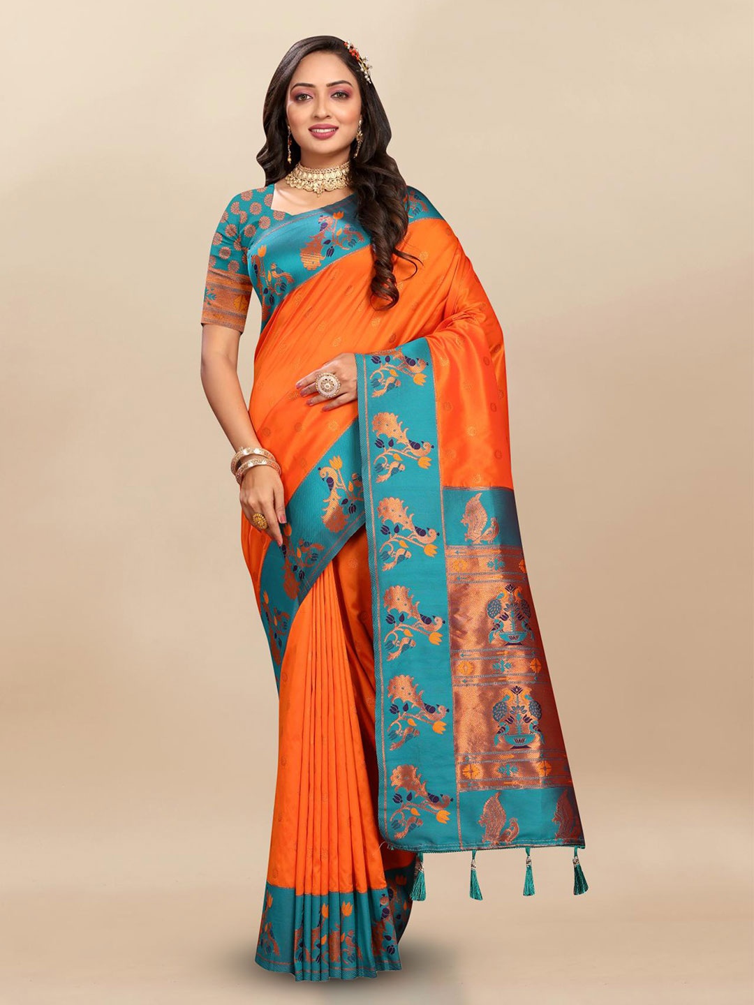 

PATIALAPICKS Woven Design Zari Pure Silk Paithani Saree with Tassels, Orange