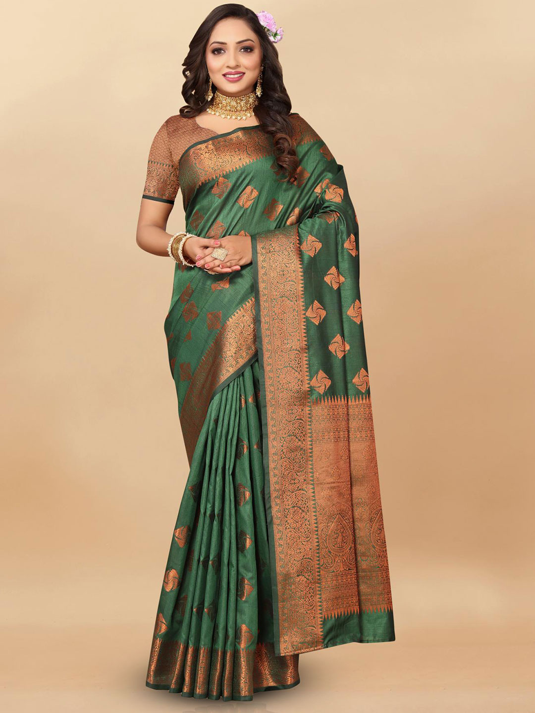 

PATIALAPICKS Ethnic Motifs Woven Design Zari Pure Silk Paithani Saree, Green