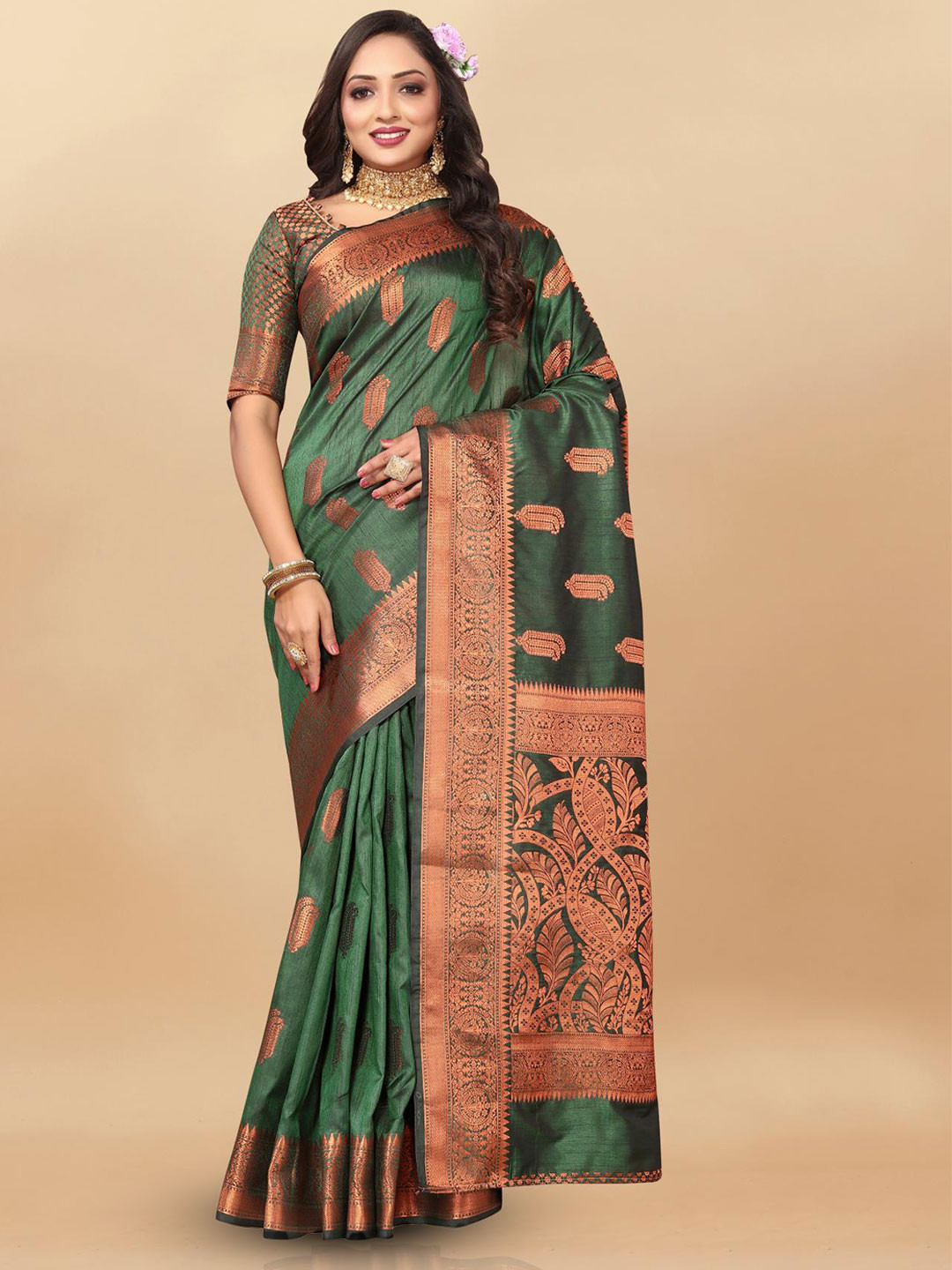 

PATIALAPICKS Woven Design Zari Pure Silk Paithani Saree, Green