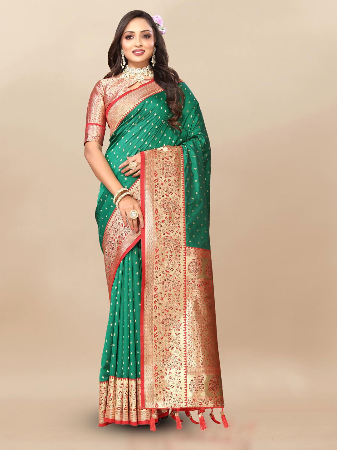 

PATIALAPICKS Woven Design Zari Pure Silk Paithani Saree with Tassels, Sea green