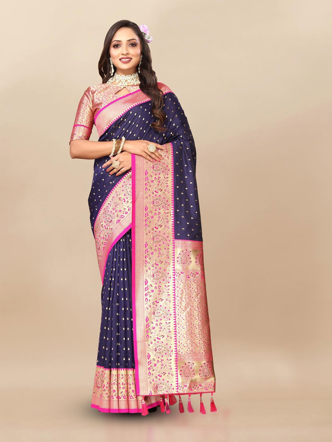 

PATIALAPICKS Woven Design Zari Pure Silk Paithani Saree, Navy blue