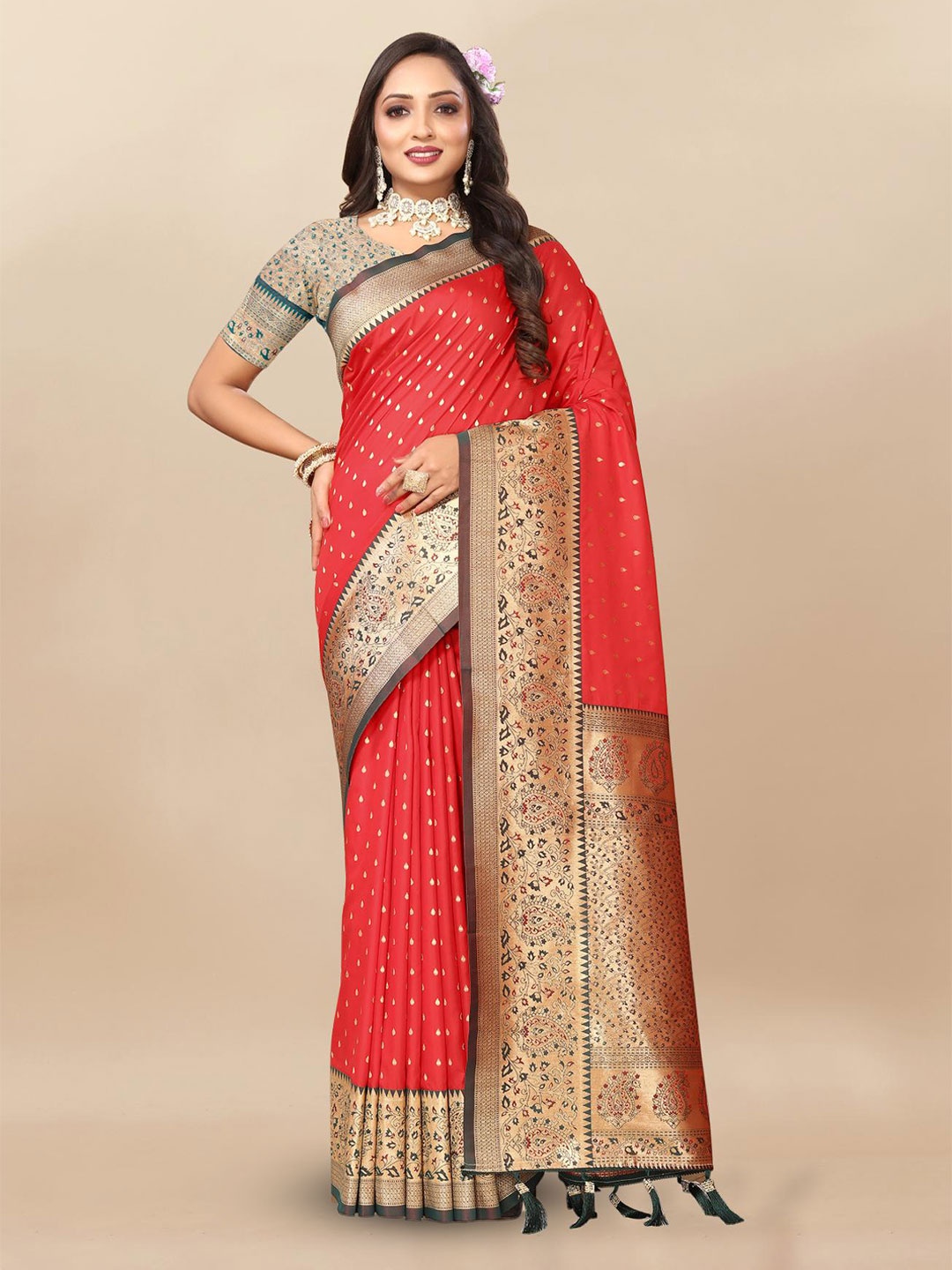 

PATIALAPICKS Woven Design Zari Pure Silk Paithani Saree with Tassels, Red