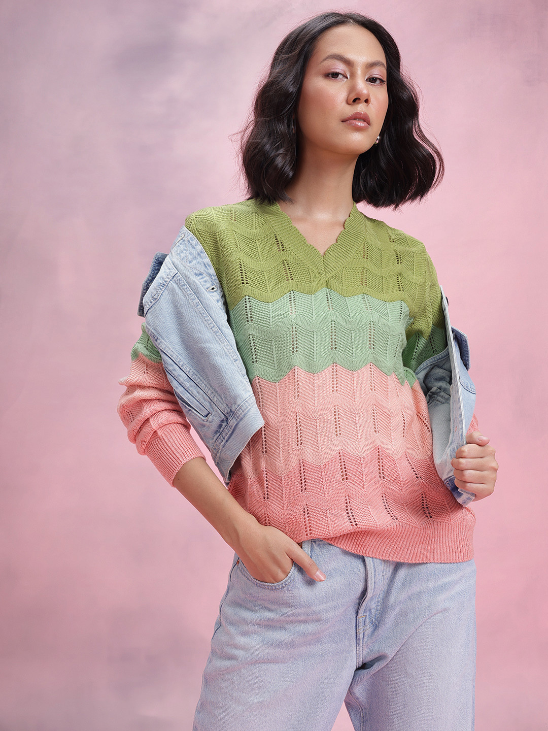 

DressBerry Open Knit Striped Pullover, Pink