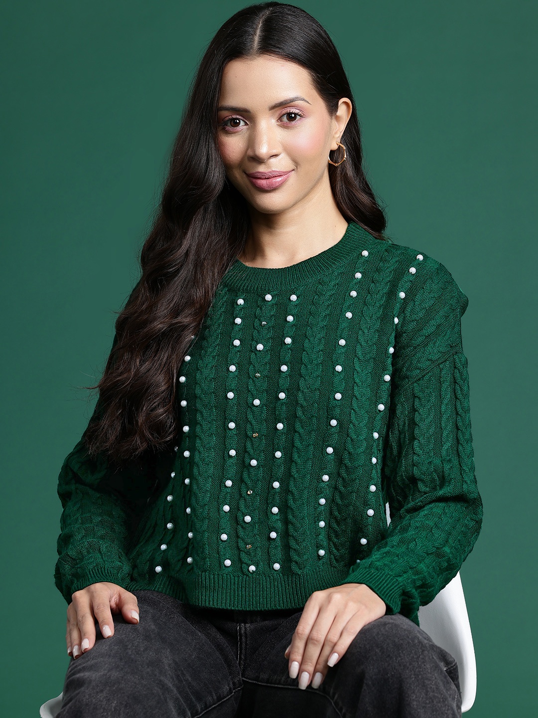 

DressBerry Cable Knit Pullover with Embellished Detail, Green