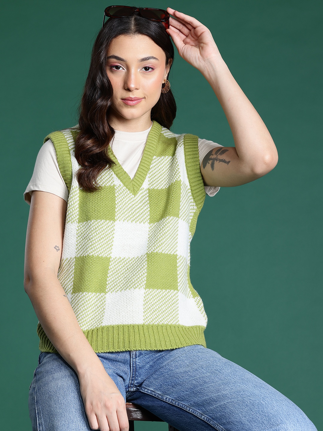

DressBerry Checked Sweater Vest, Green