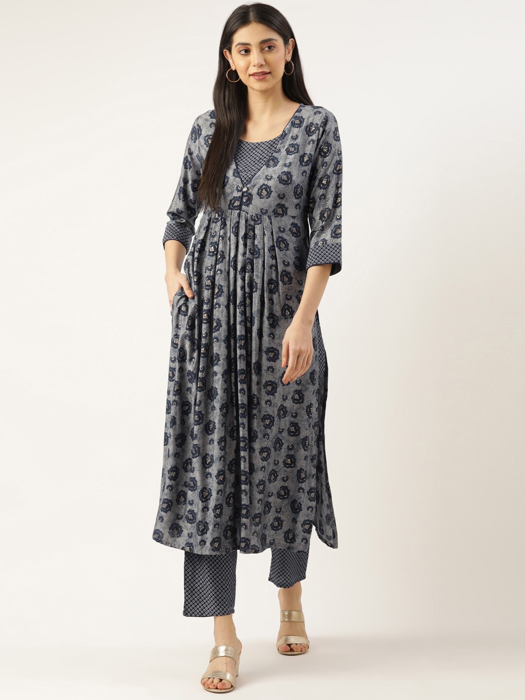 

all about you Floral Printed A-Line Kurta with Trousers, Navy blue