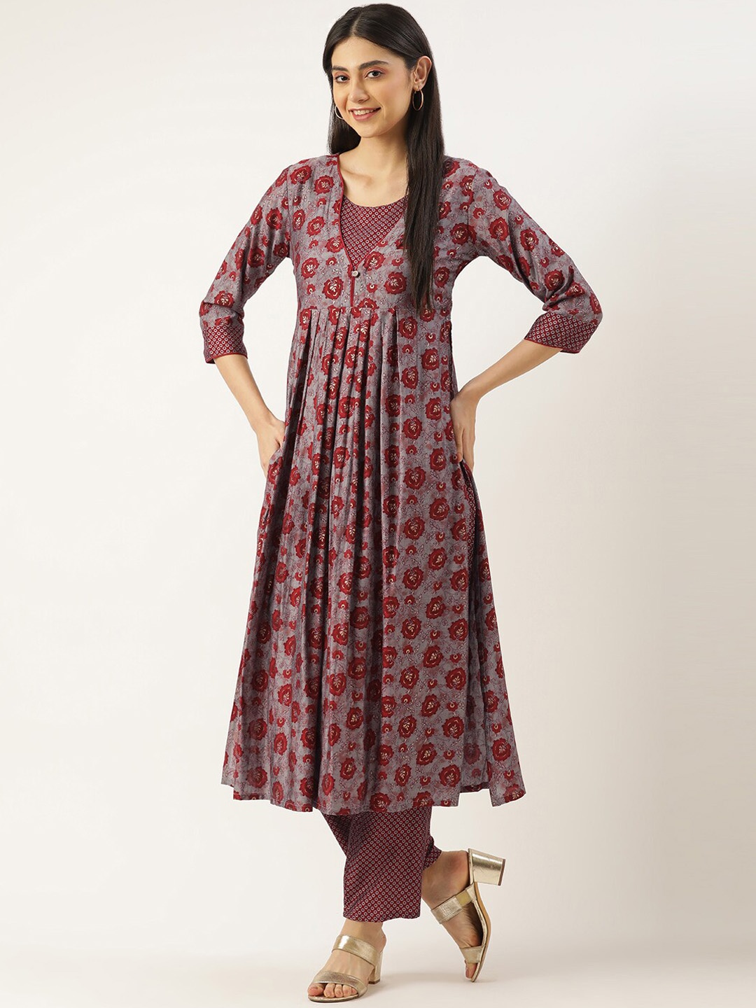 

all about you Floral Printed A-Line Kurta with Trousers, Maroon