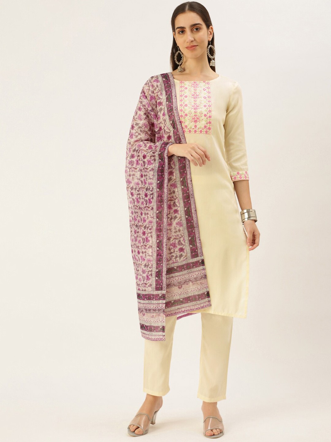 

all about you Ethnic Motifs Embroidered Straight Kurta with Trousers & Dupatta, Cream