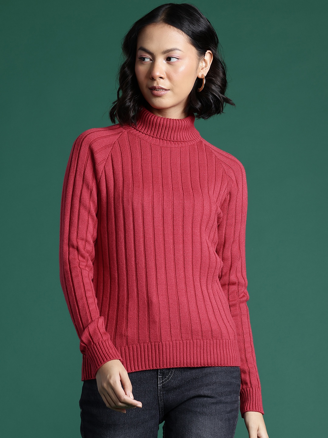 

DressBerry Turtle Neck Self-Striped Pullover, Coral