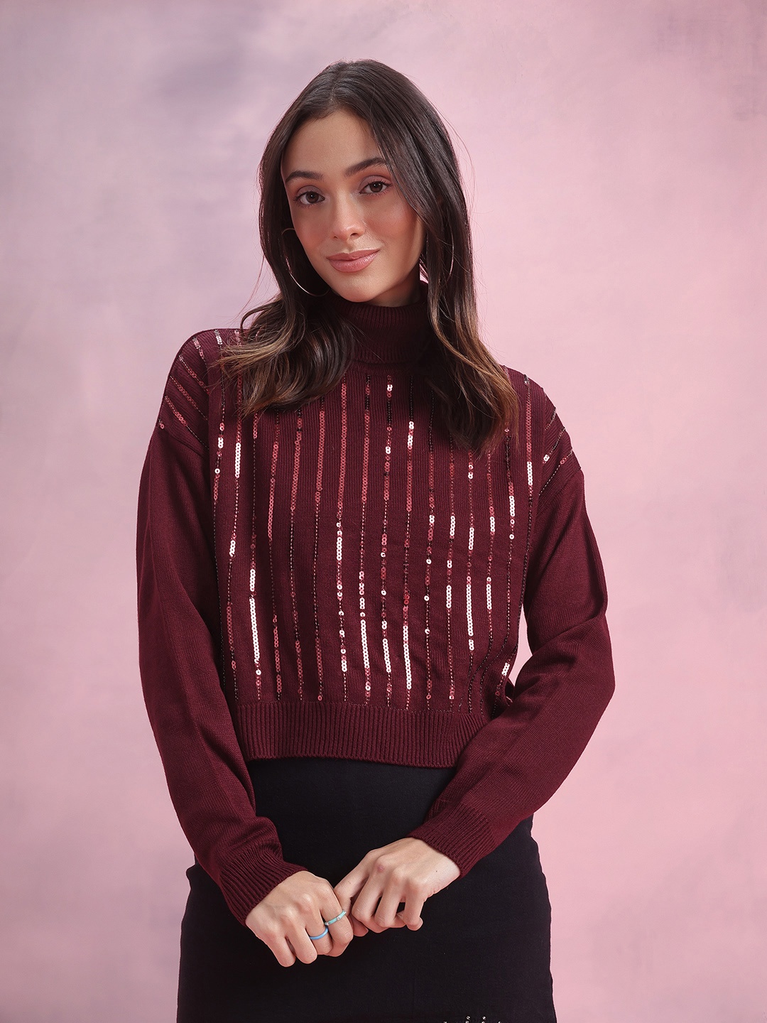 

DressBerry Turtle Neck Sequinned Embellished Detail Pullover, Burgundy