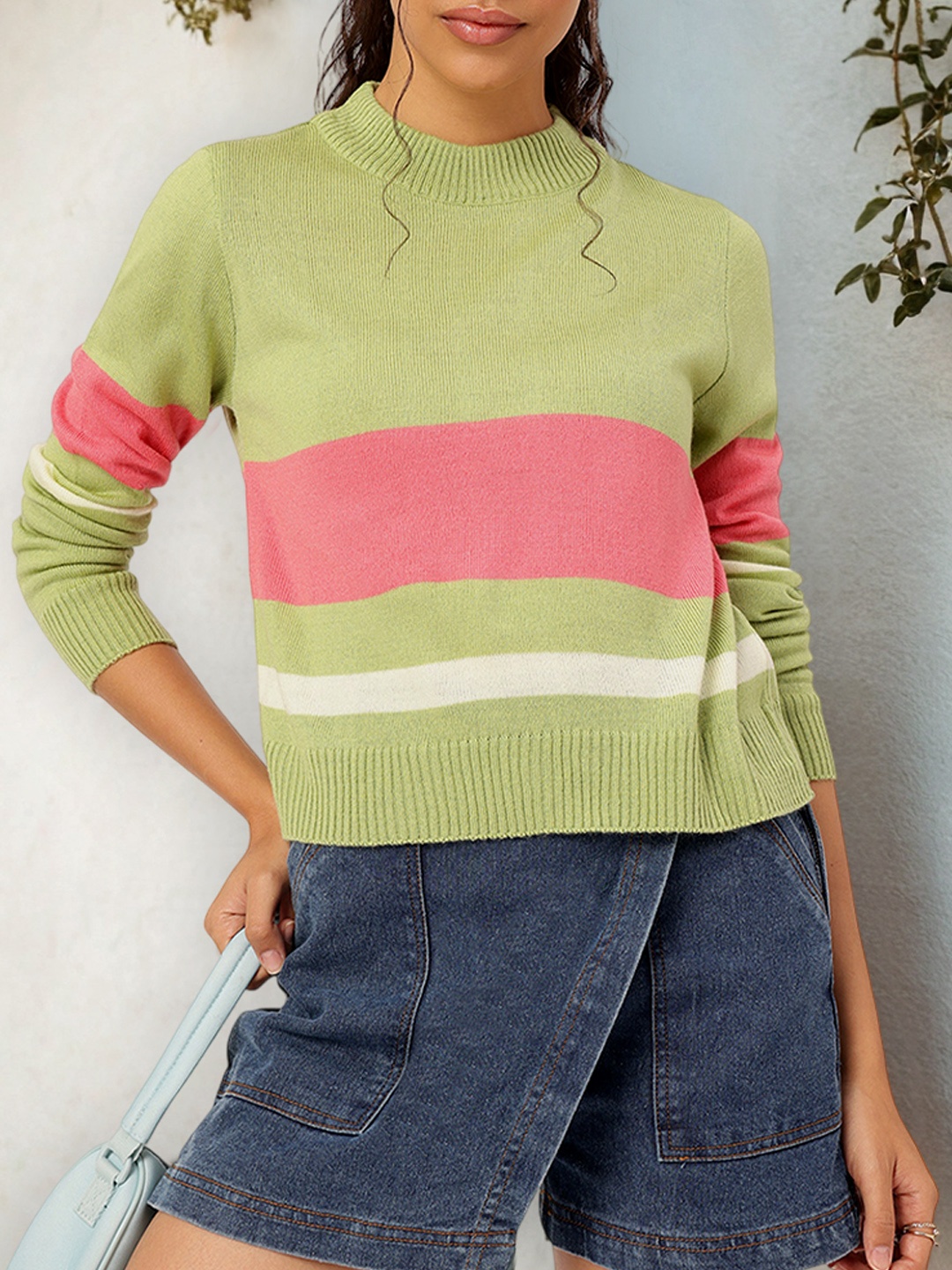 

DressBerry Acrylic Striped Pullover, Green