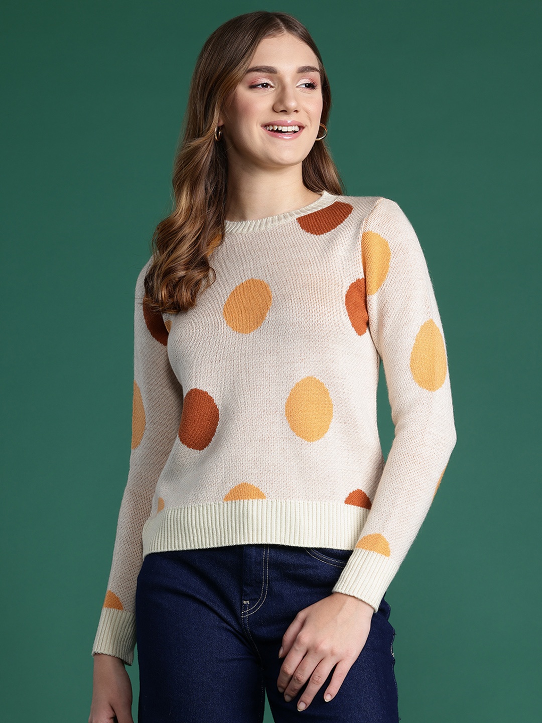 

DressBerry Geometric Self Design Sweater, Cream