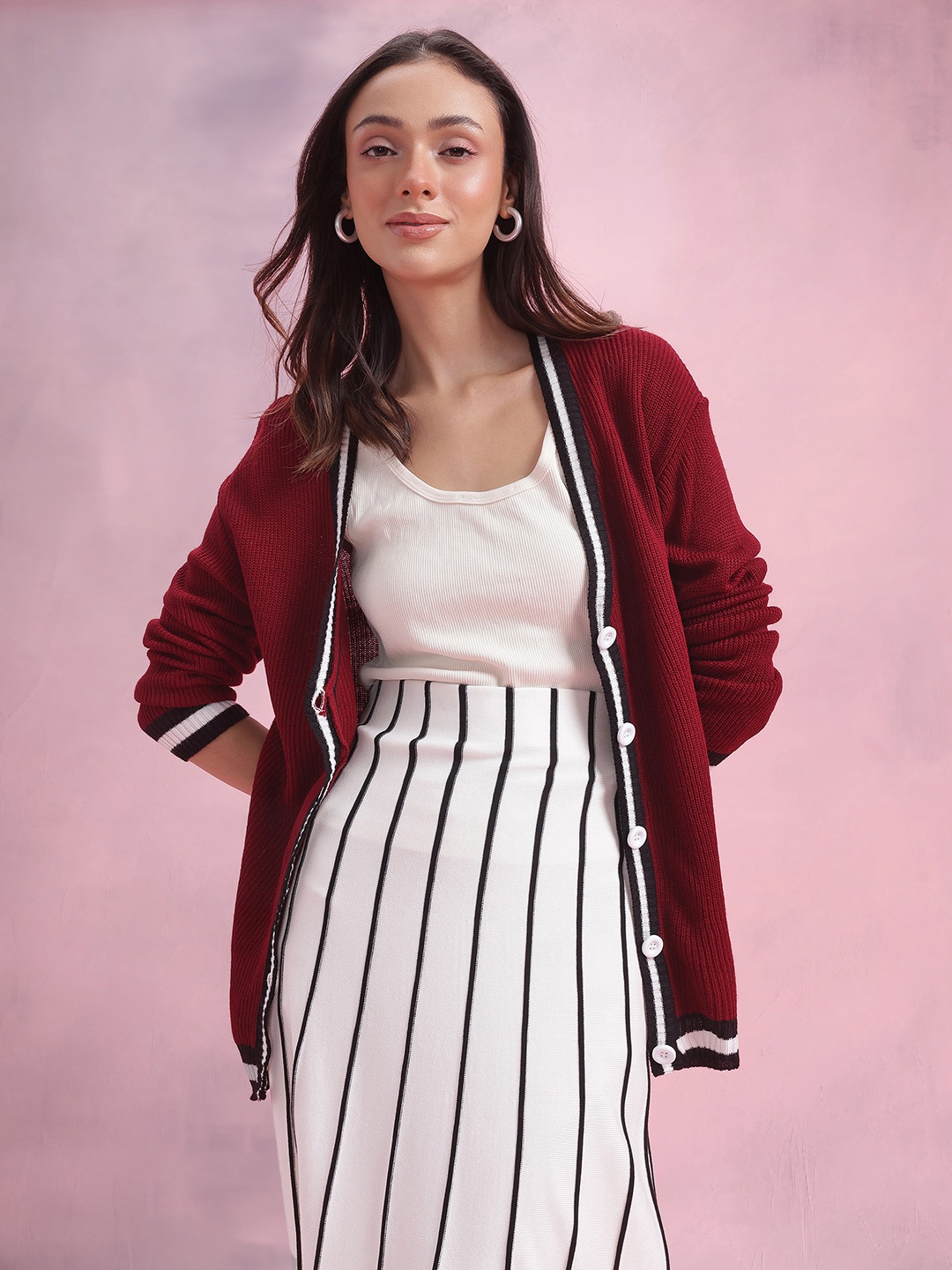 

DressBerry Contrast Trim Longline Cardigan, Maroon