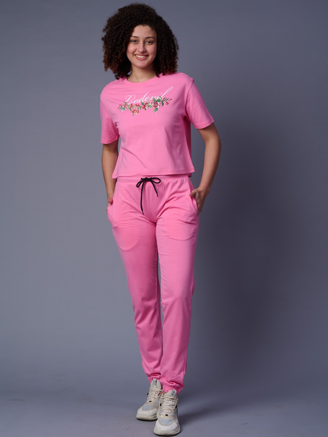 

GO DEVIL Printed Pure Cotton T-Shirt With Joggers, Pink