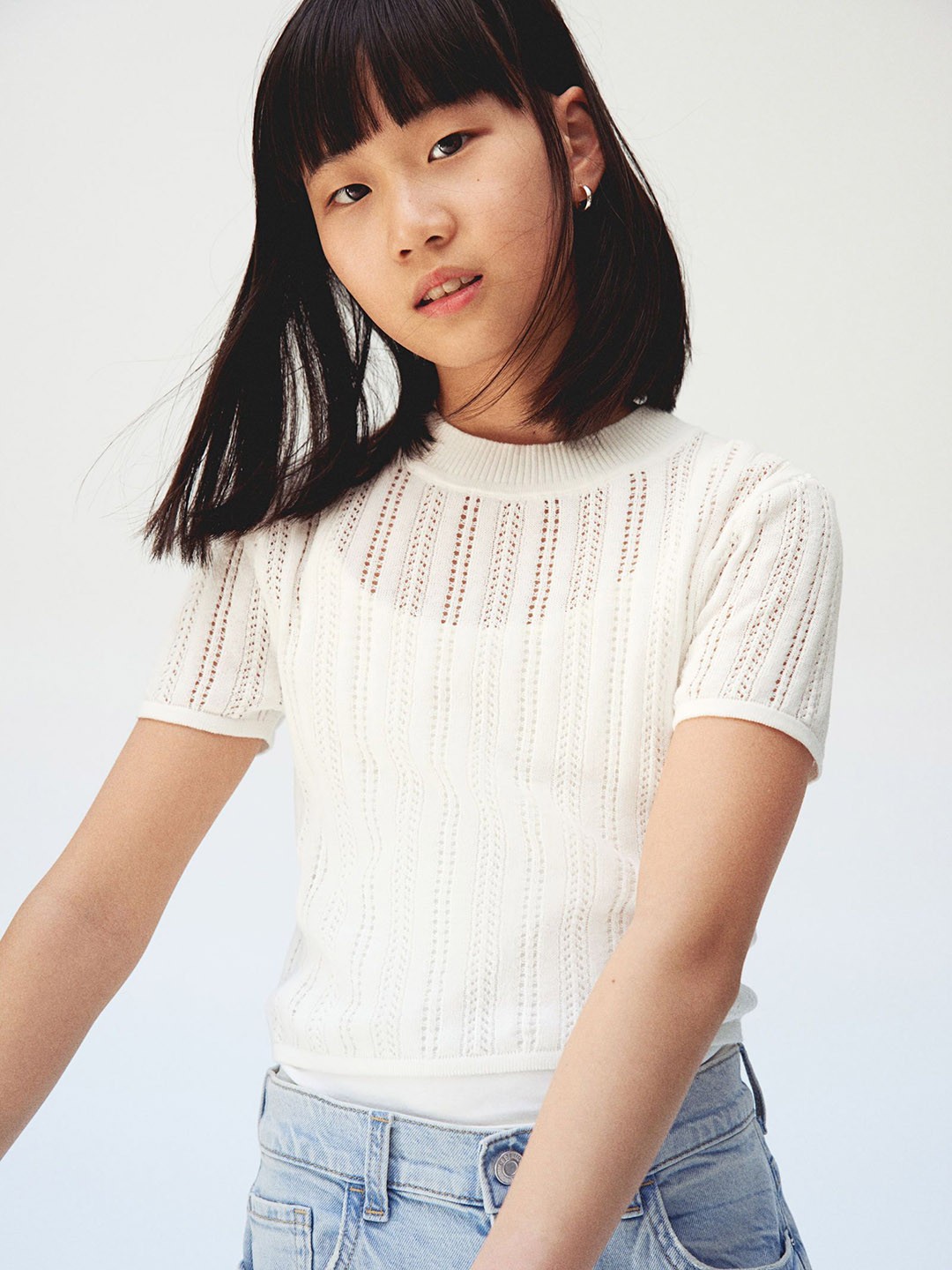 

H&M Girls Pure Cotton Textured-Knit Top, White