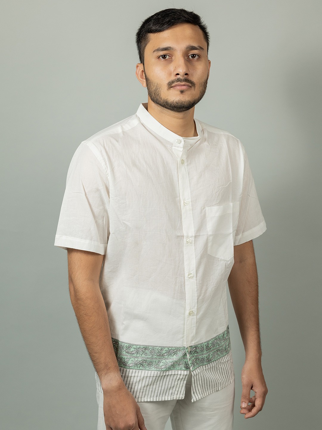 

INDIKA Handblock Printed Mandarin Collar Organic Cotton Casual Shirt, White