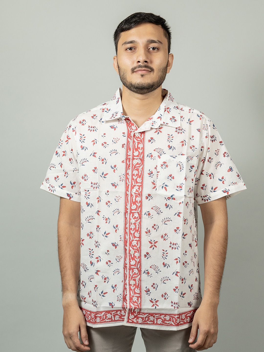 

INDIKA Spread Collar Printed Organic Cotton Casual Shirt, White