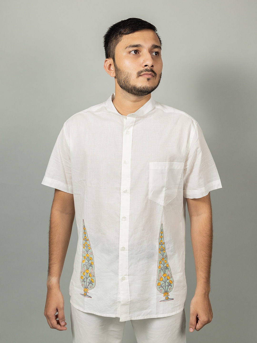 

INDIKA Mandarin Collar Short Sleeves Organic Cotton Casual Shirt, White