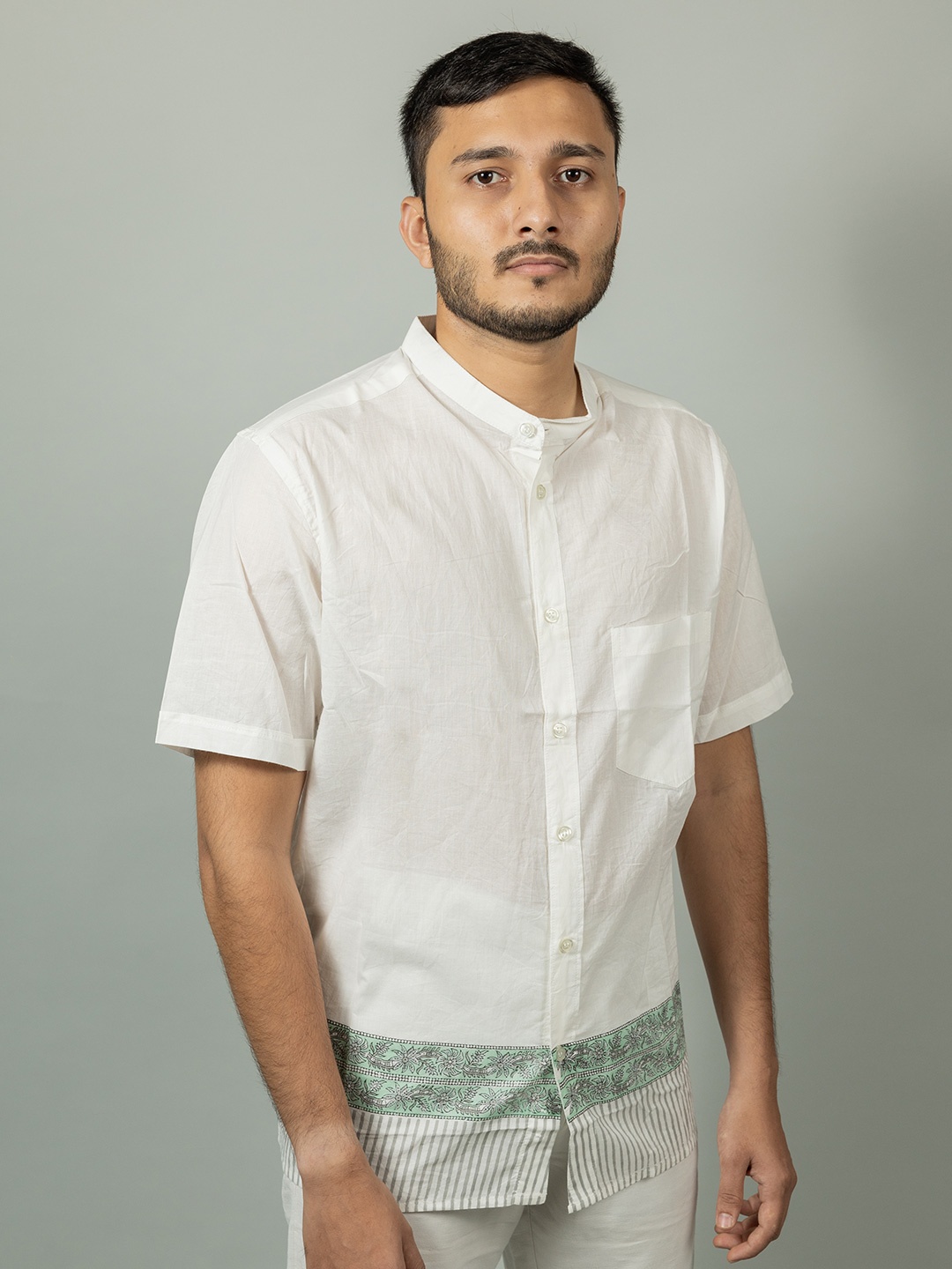 

INDIKA Band Collar Short Sleeves Organic Cotton Casual Shirt, White