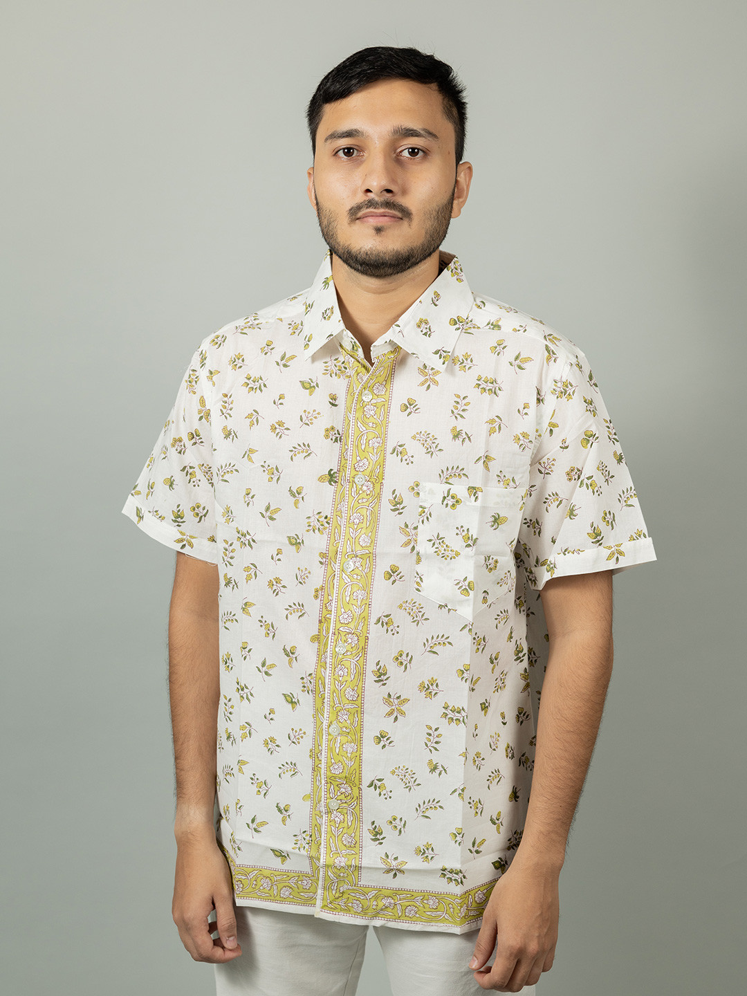 

INDIKA Floral Printed Spread Collar Organic Cotton Casual Shirt, White