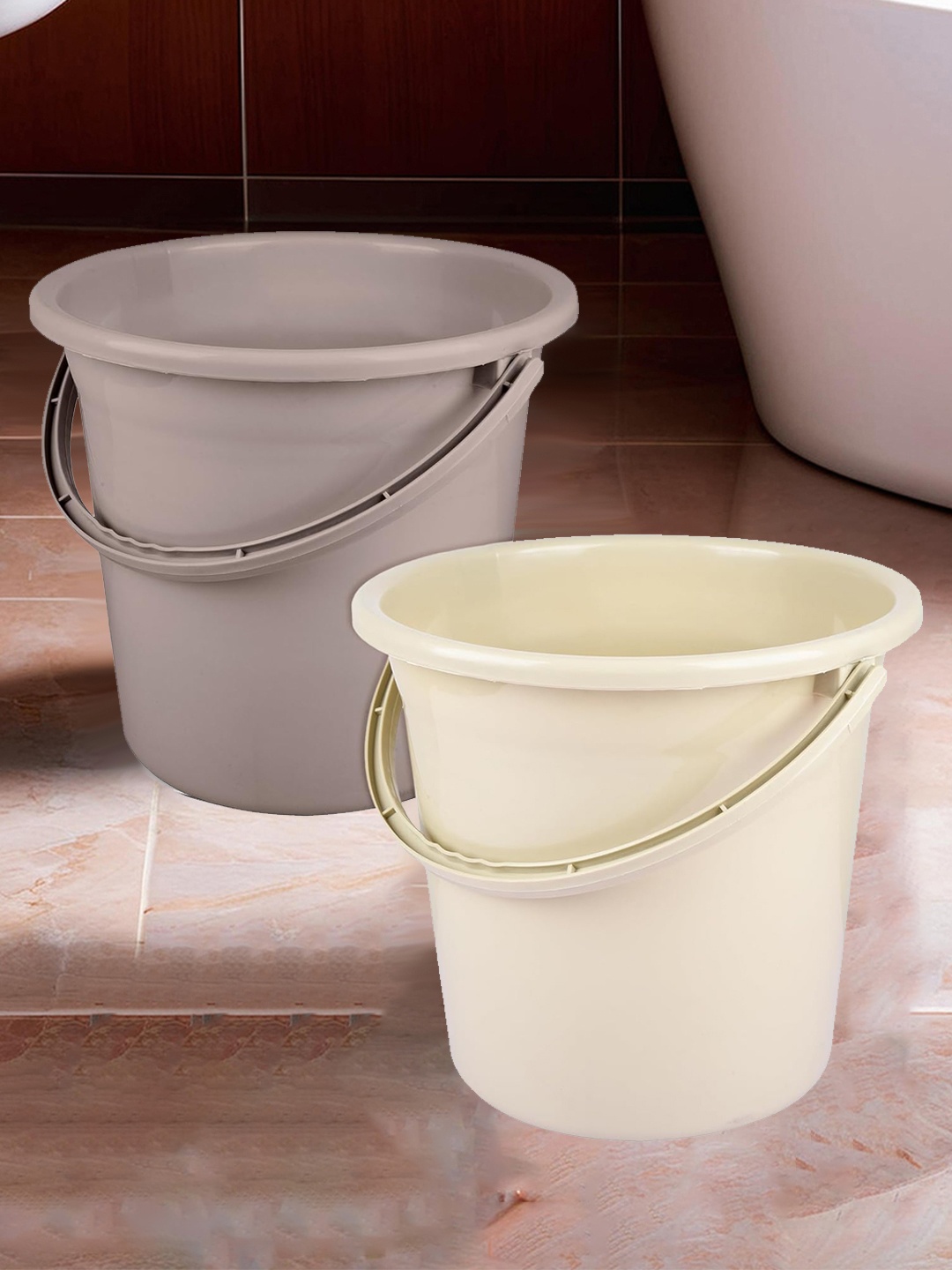 

Kuber Industries Brown & Cream 2 Pieces Abstract Plastic Bathroom Buckets 18 L Each