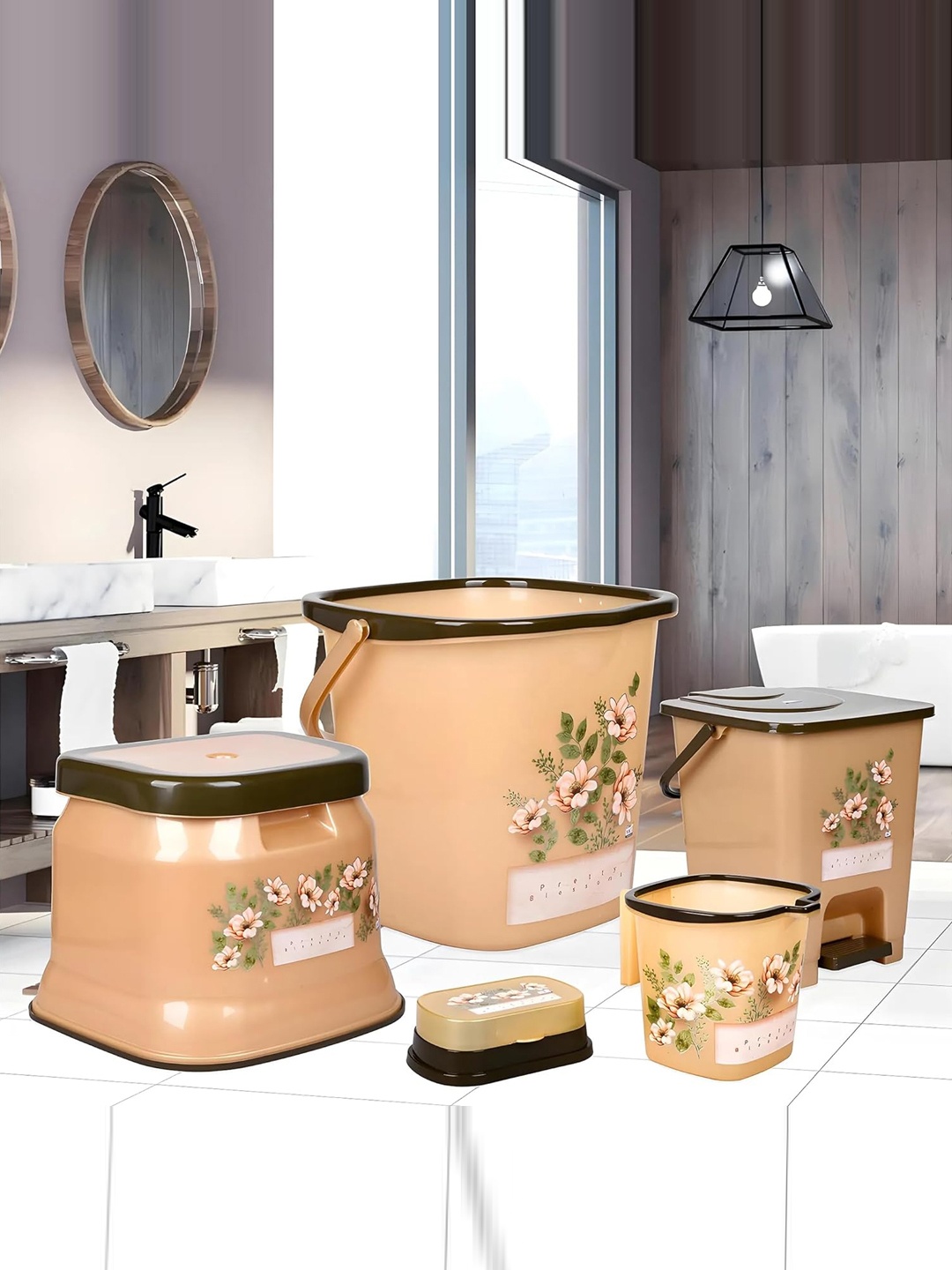 

Kuber Industries Cream & Brown 5 Piece Abstract Printed Bath Accessories Set