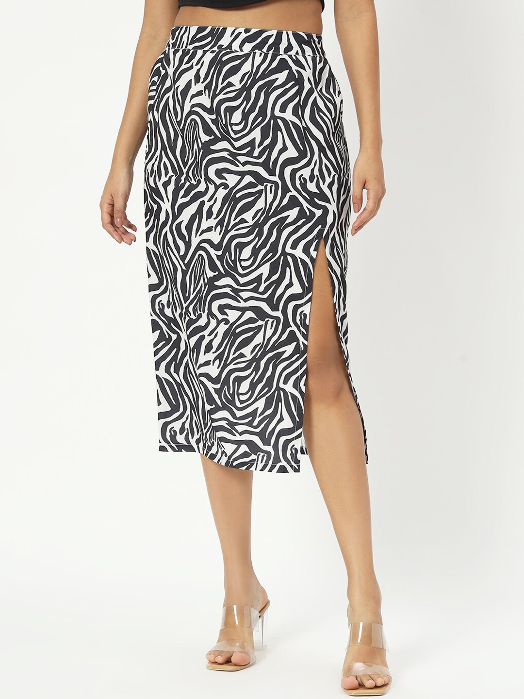 

CHARMGAL Zebra Animal Printed Side Slit Pencil Skirt, Black