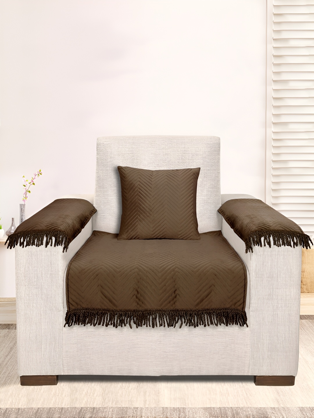 

Saral Home Brown Striped Velvet 4 Piece Sofa Cover With Arms